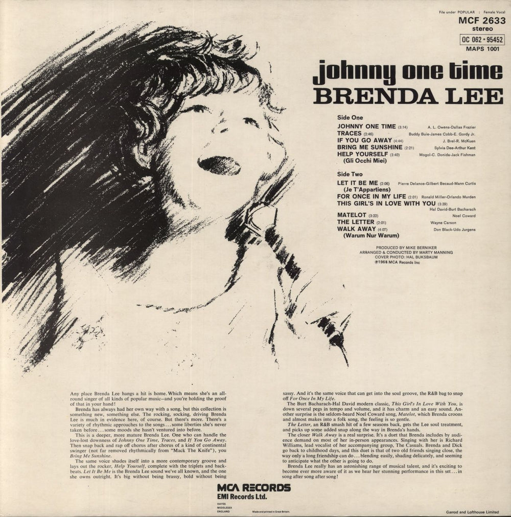 Brenda Lee Johnny One Time UK vinyl LP album (LP record)