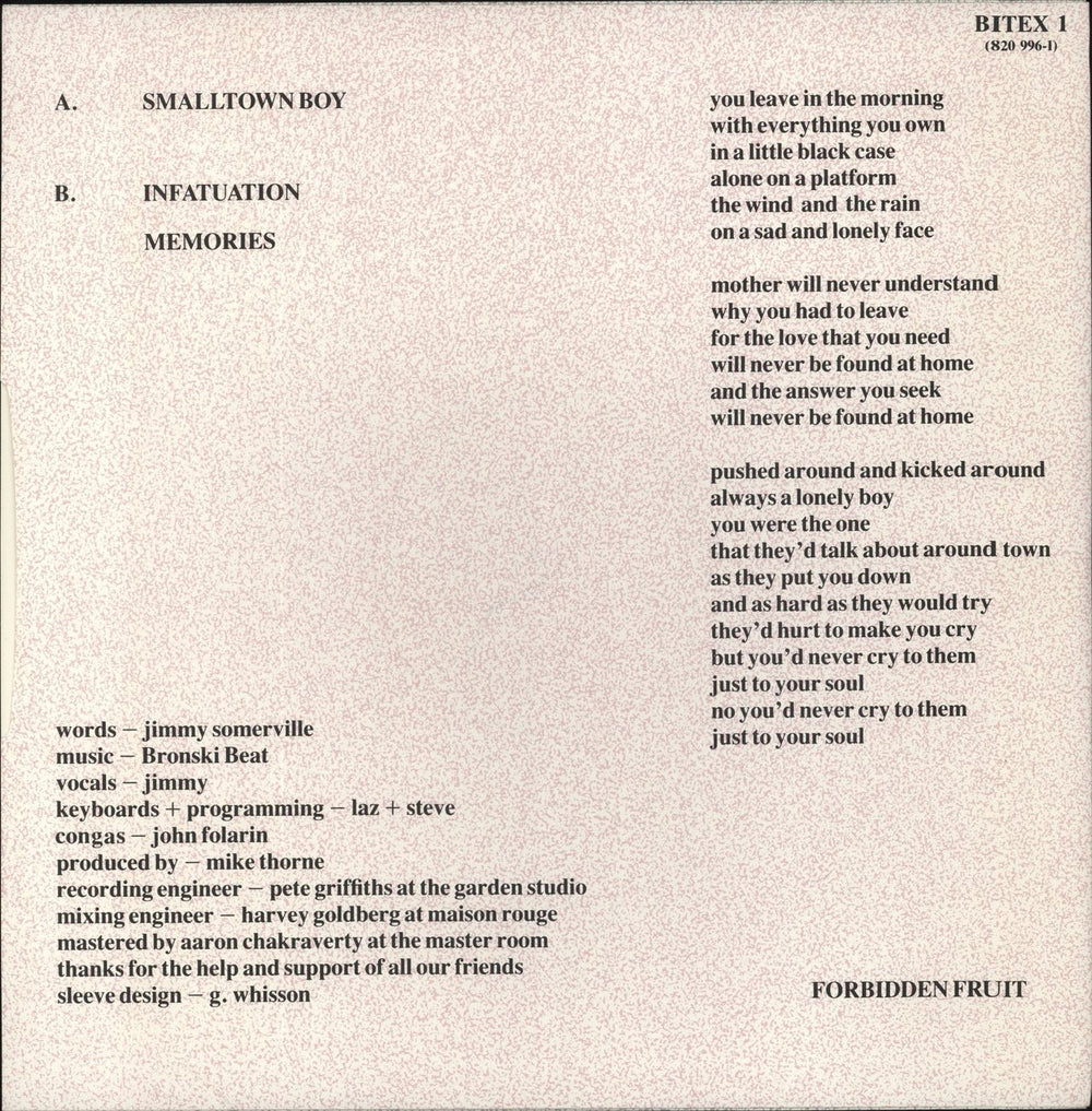 Bronski Beat Smalltown Boy - 2nd UK 12" vinyl single (12 inch record / Maxi-single)