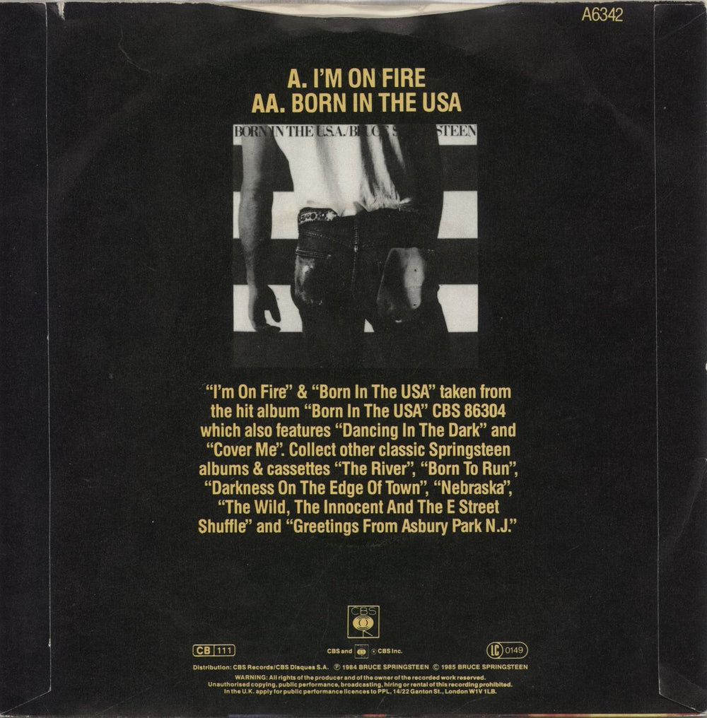 Bruce Springsteen I'm On Fire - Paper Sleeve UK 7" vinyl single (7 inch record / 45)