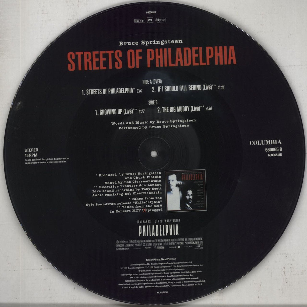 Bruce Springsteen Streets Of Philadelphia - Hype Stickered UK 12" vinyl picture disc (12 inch picture record) 5099766006581