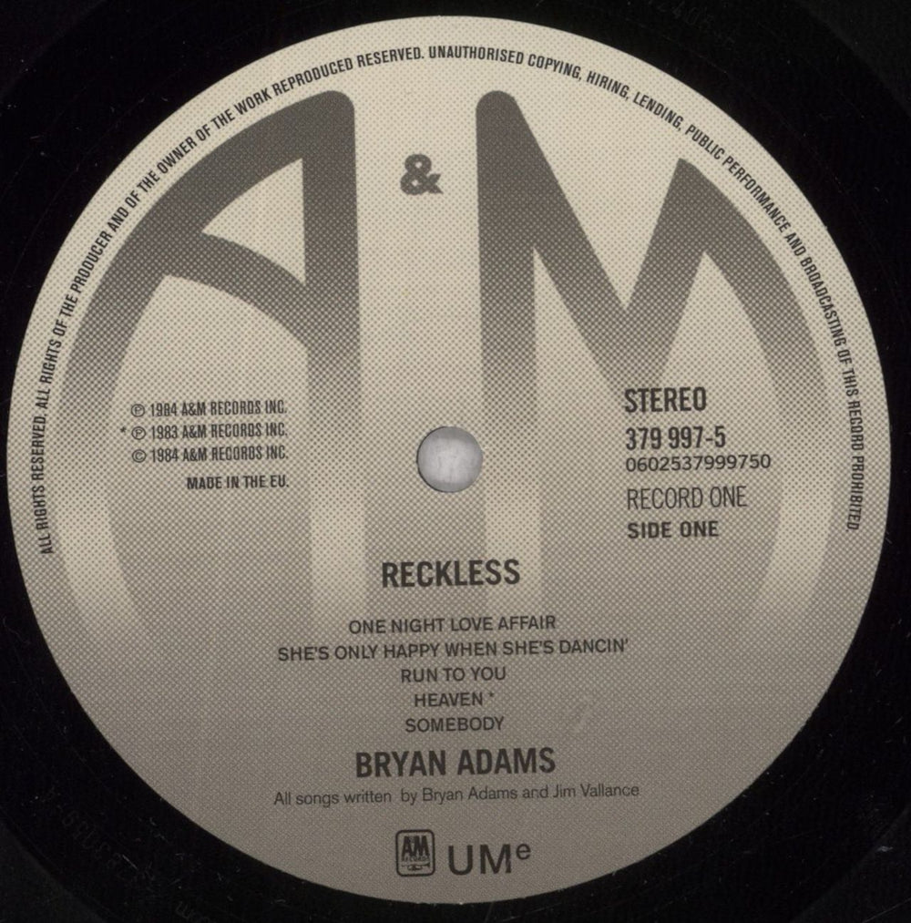 Bryan Adams Reckless: 30th Anniversary - 180gram Vinyl - Shrink UK 2-LP vinyl record set (Double LP Album) ADA2LRE844309