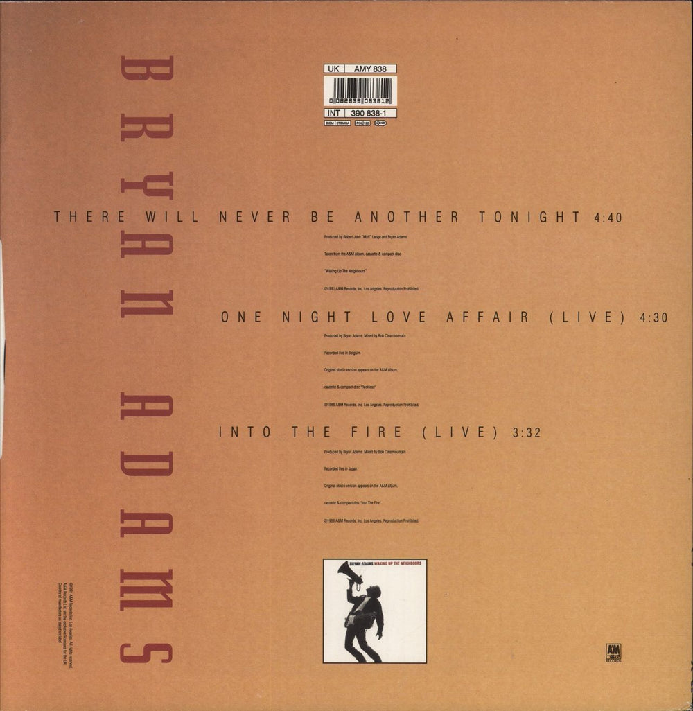 Bryan Adams There Will Never Be Another Tonight - Etched UK 12" vinyl single (12 inch record / Maxi-single) 082839083812