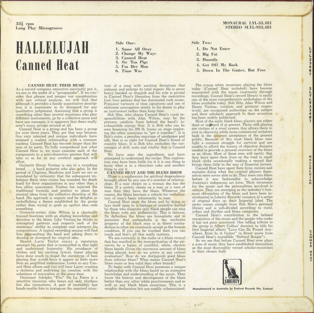 Canned Heat Hallelujah Australian vinyl LP album (LP record)