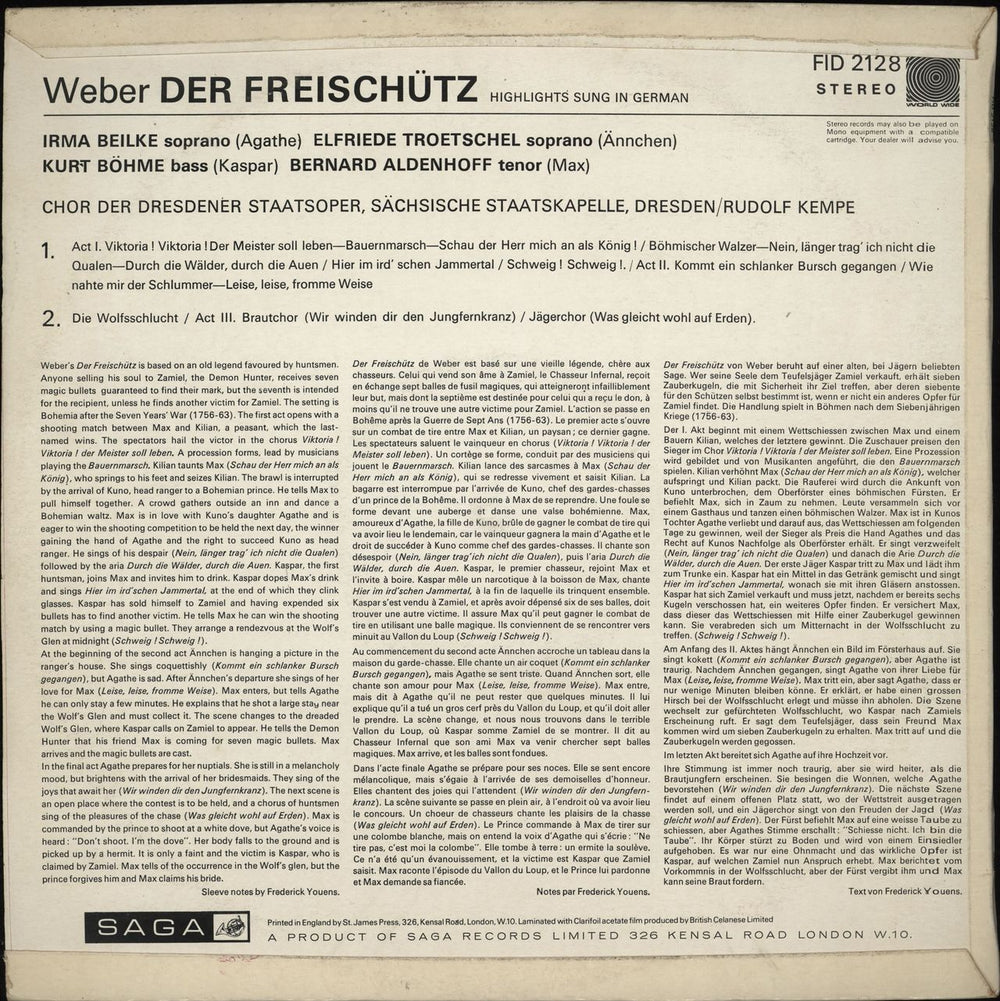 Carl Maria Von Weber Der Freischütz UK vinyl LP album (LP record)