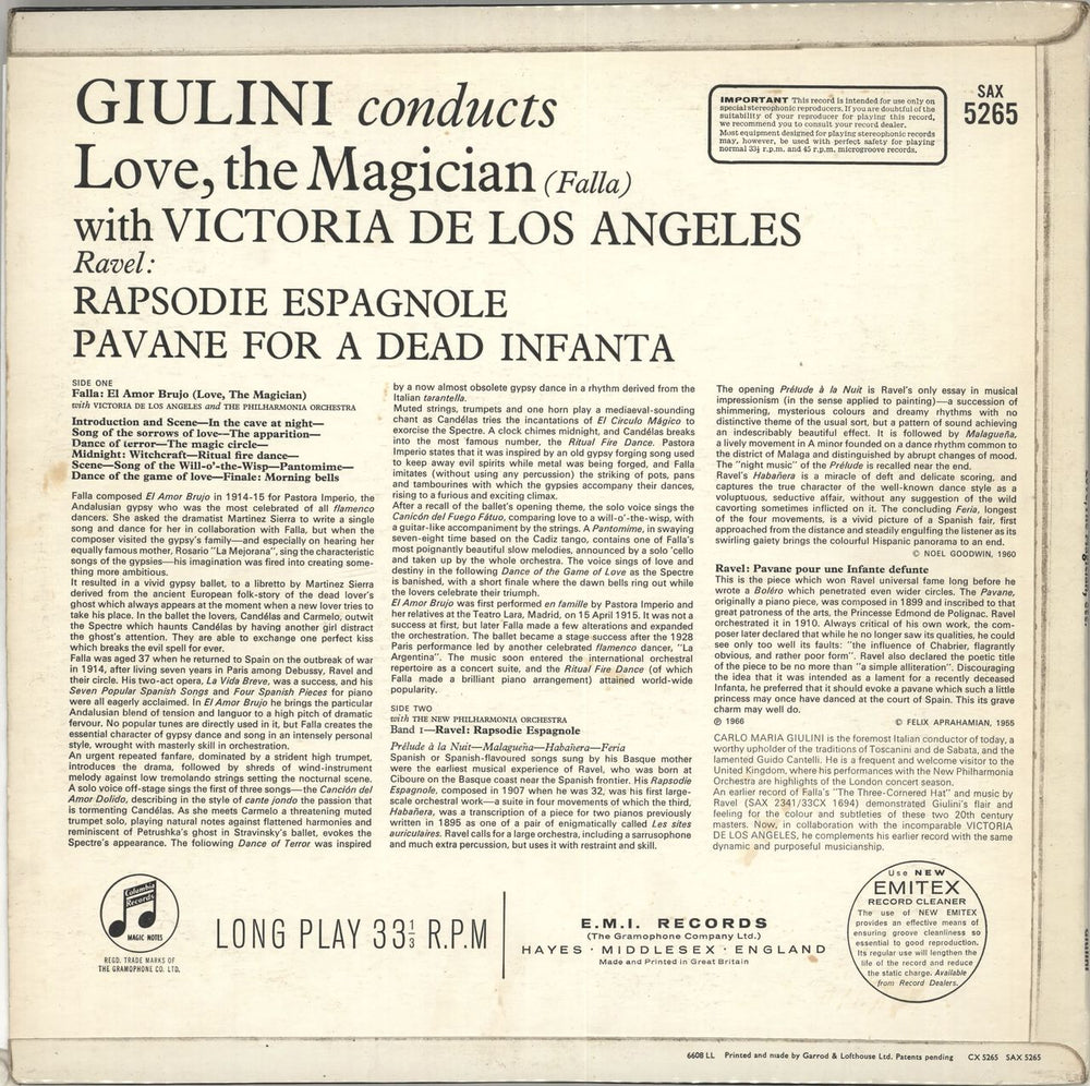 Carlo Maria Giulini Giulini Conducts Love The Magician (Falla) With Victoria De Los Angeles UK vinyl LP album (LP record)