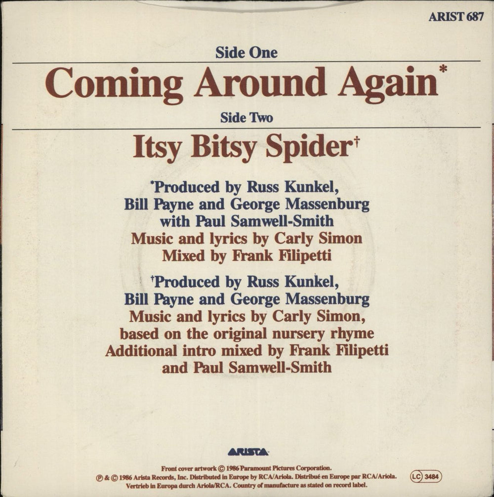 Carly Simon Coming Around Again UK 7" vinyl single (7 inch record / 45)