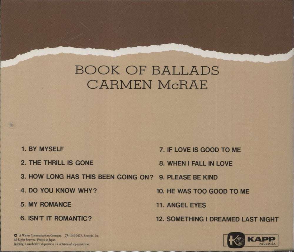 Carmen McRae Book Of Ballads Japanese CD album (CDLP)