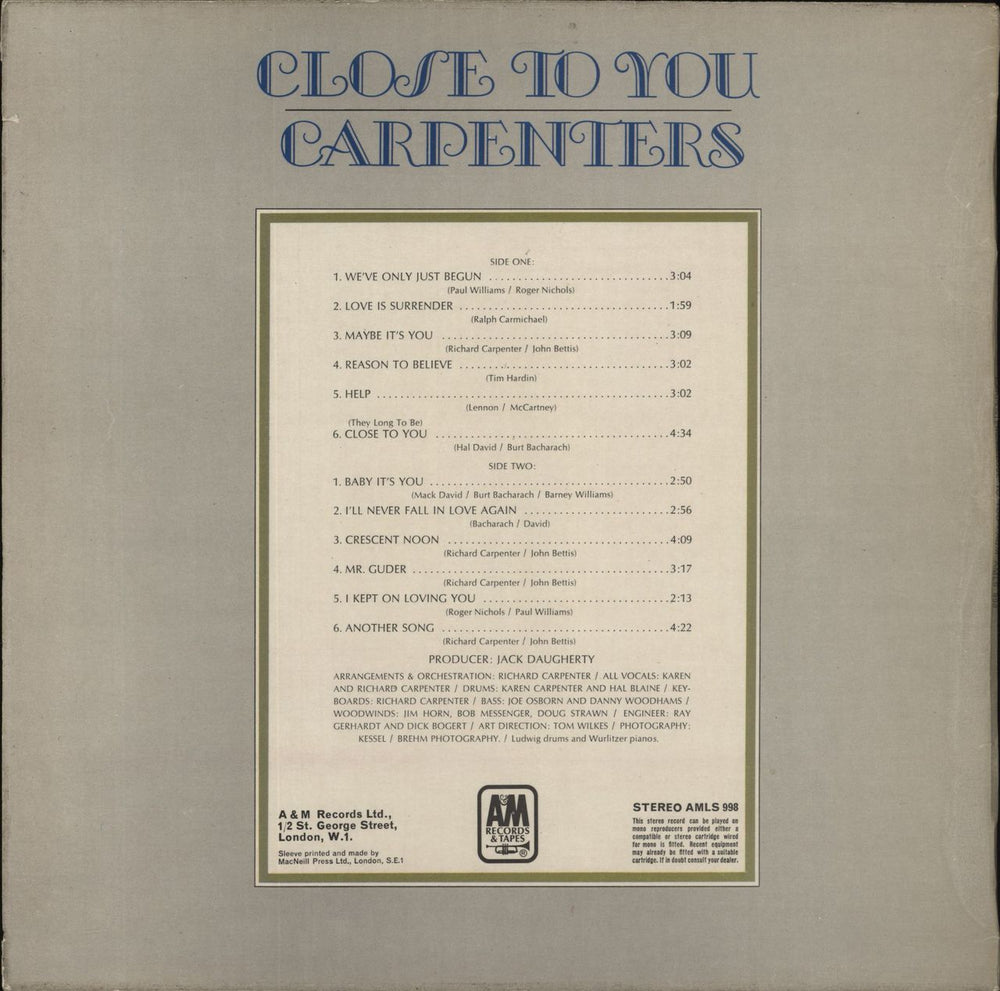 Carpenters Close To You - 1st - Brown Vinyl - EX UK vinyl LP album (LP record)