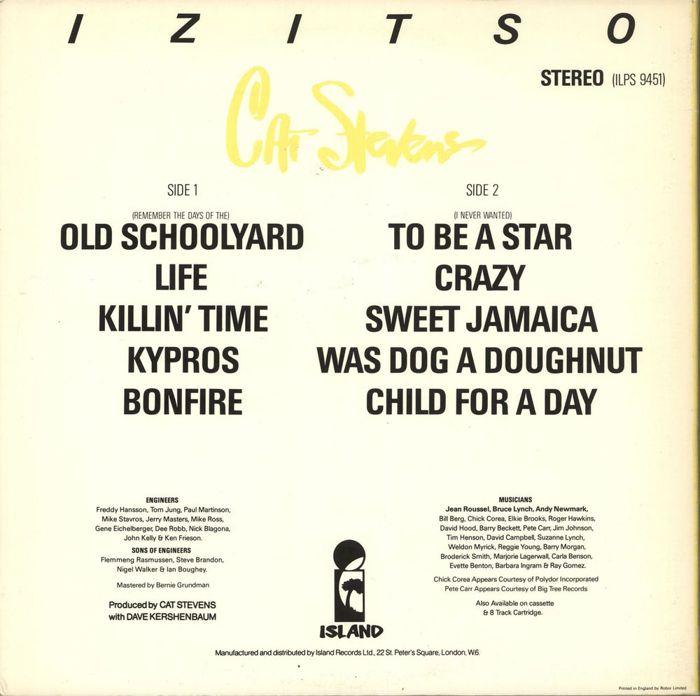 Cat Stevens Izitso + Credits Insert UK vinyl LP album (LP record)