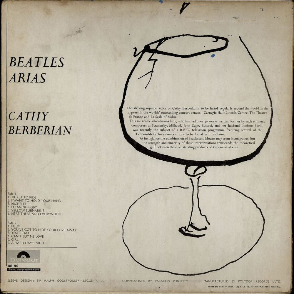 Cathy Berberian Beatles Arias UK vinyl LP album (LP record)