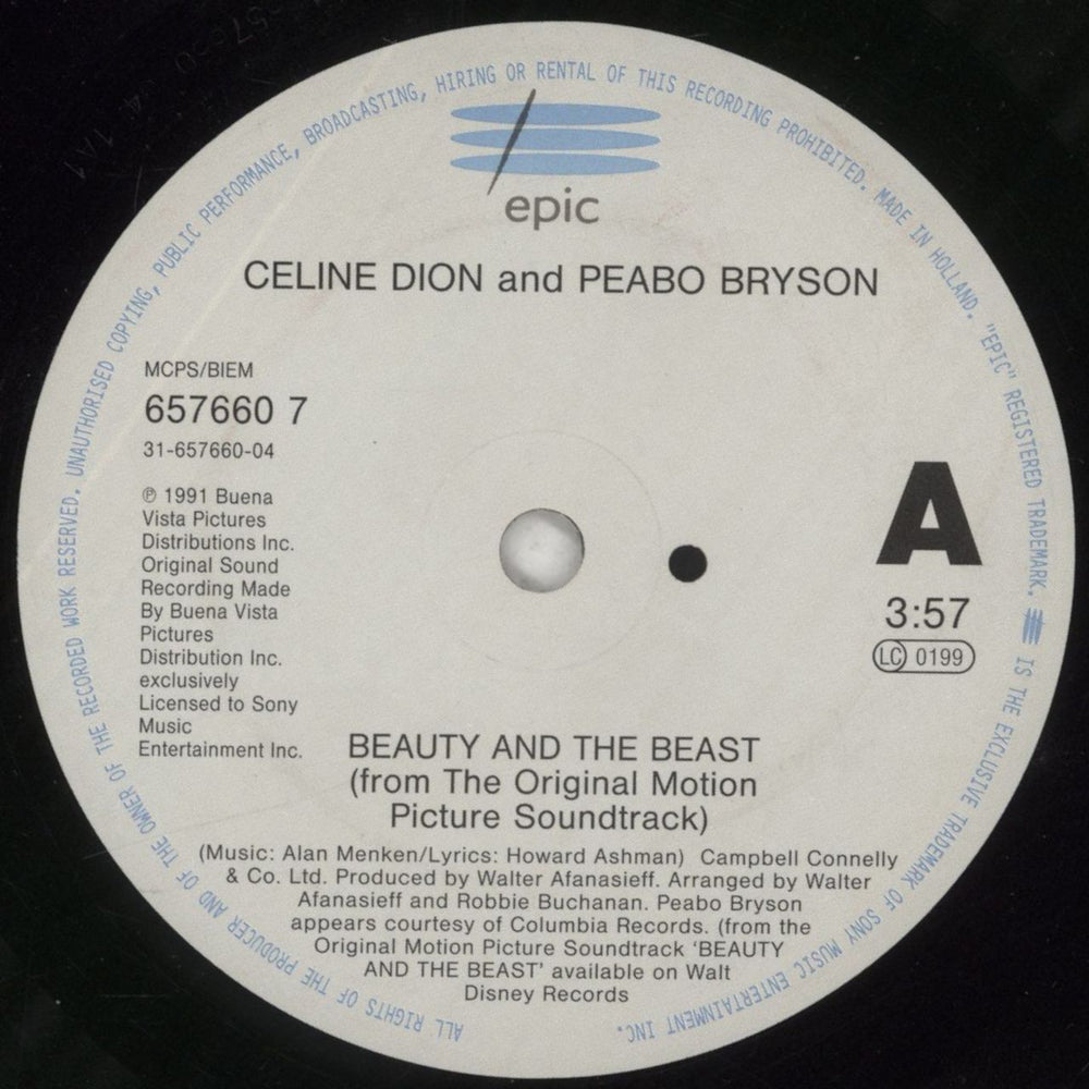 Celine Dion Beauty And The Beast Dutch 7" vinyl single (7 inch record / 45) CEL07BE60806