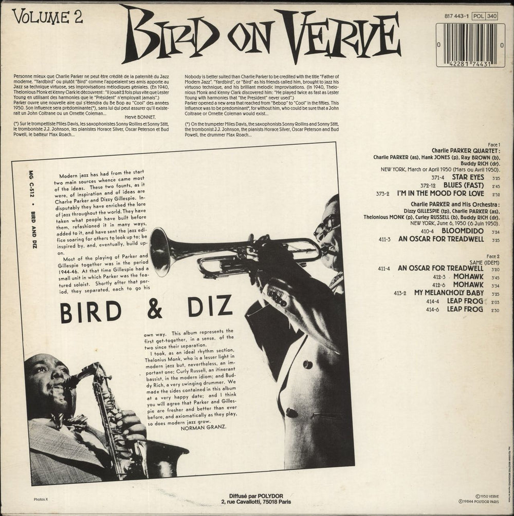 Charlie Parker Bird And Diz - Bird On Verve Vol. 2 French vinyl LP album (LP record) 042281744310