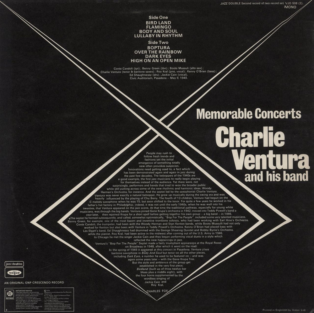 Charlie Ventura Memorable Concerts - Test Pressing UK Promo vinyl LP album (LP record)