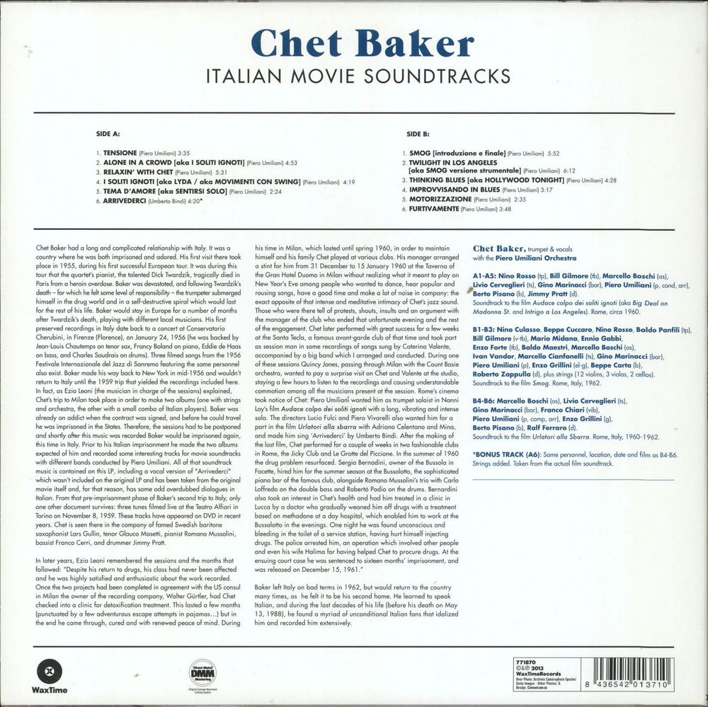 Chet Baker Italian Movie Soundtracks - 180gm UK vinyl LP album (LP record) 8436542013710