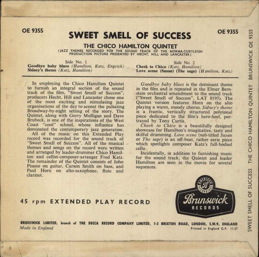 Chico Hamilton Sweet Smell Of Success UK 7" vinyl single (7 inch record / 45)