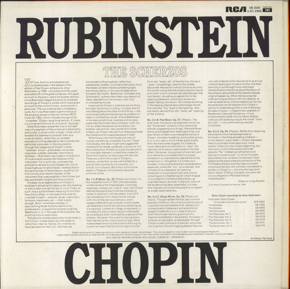 Chopin Chopin: Scherzos Nos.1,2,3 & 4 UK vinyl LP album (LP record)