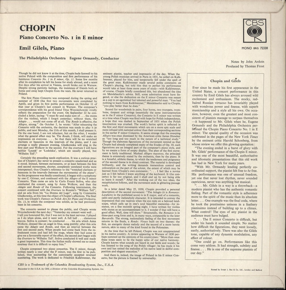 Chopin Piano Concerto No.1 In E Minor UK vinyl LP album (LP record)