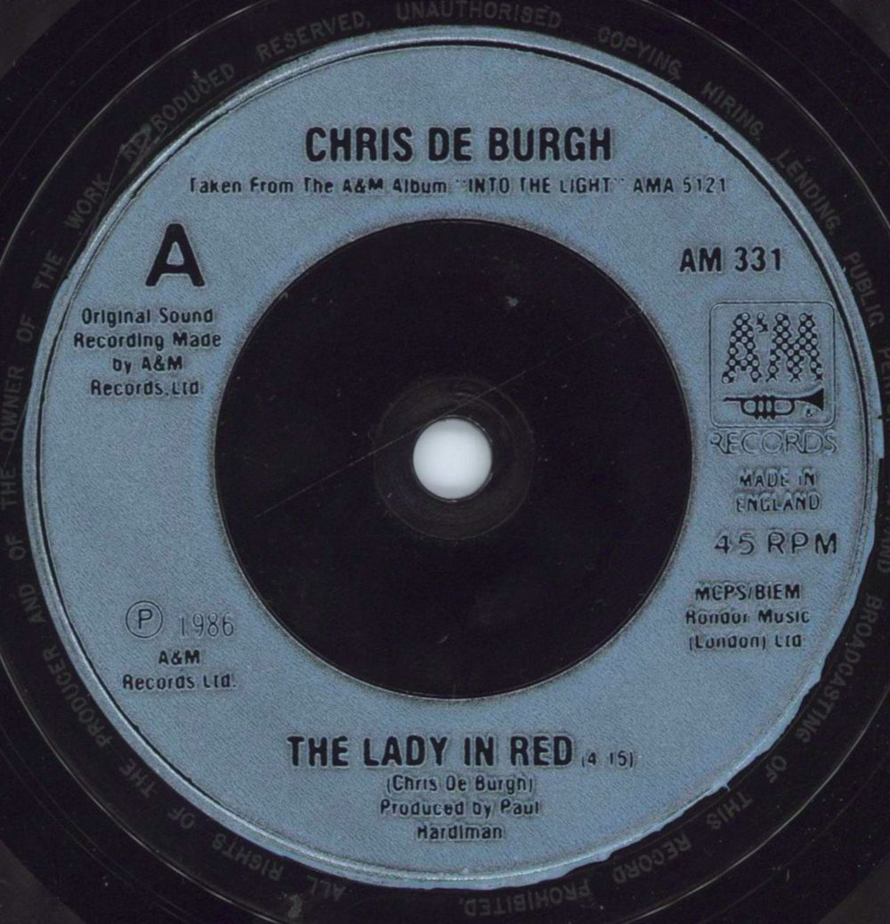 Chris De Burgh The Lady In Red UK 7" vinyl single (7 inch record / 45) AM331