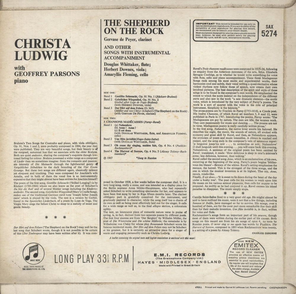 Christa Ludwig The Shepherd On The Rock And Other Songs With Instrumental Accompaniment UK vinyl LP album (LP record)