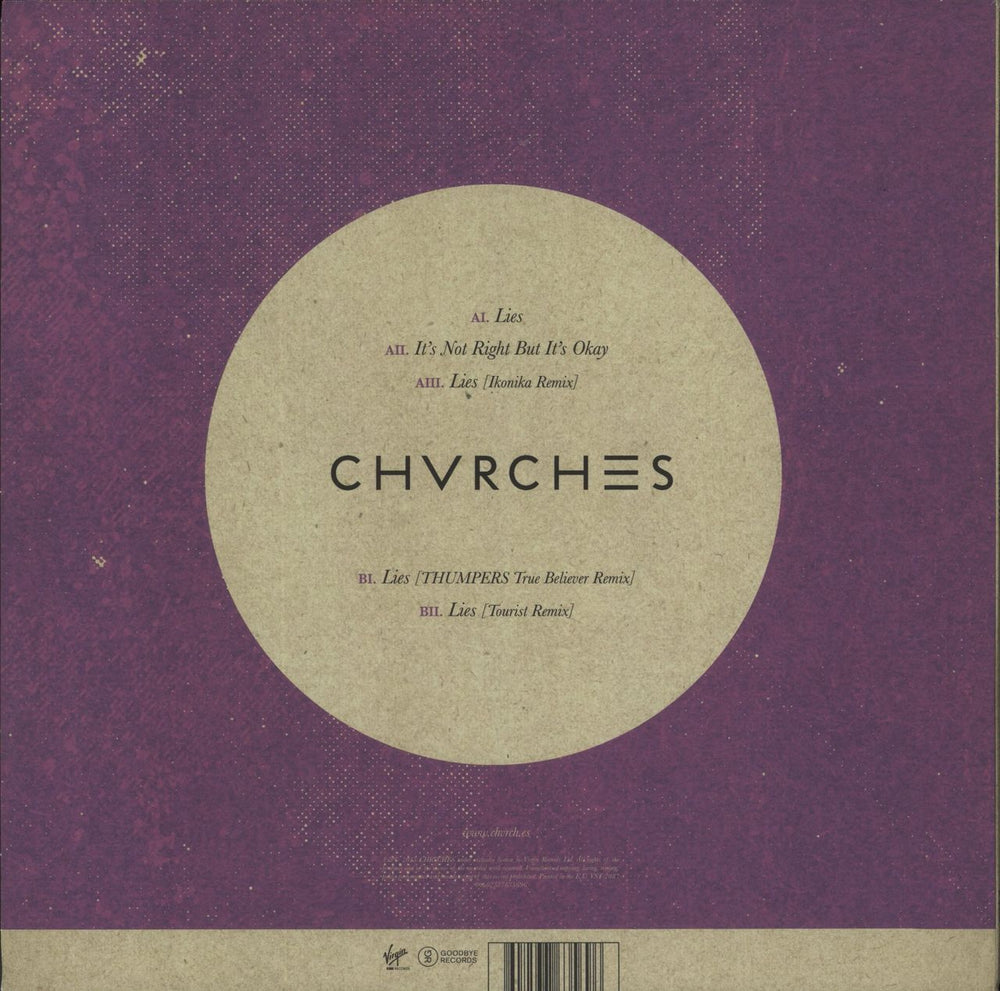 Chvrches Lies - Purple Vinyl UK 12" vinyl single (12 inch record / Maxi-single) 602537635696