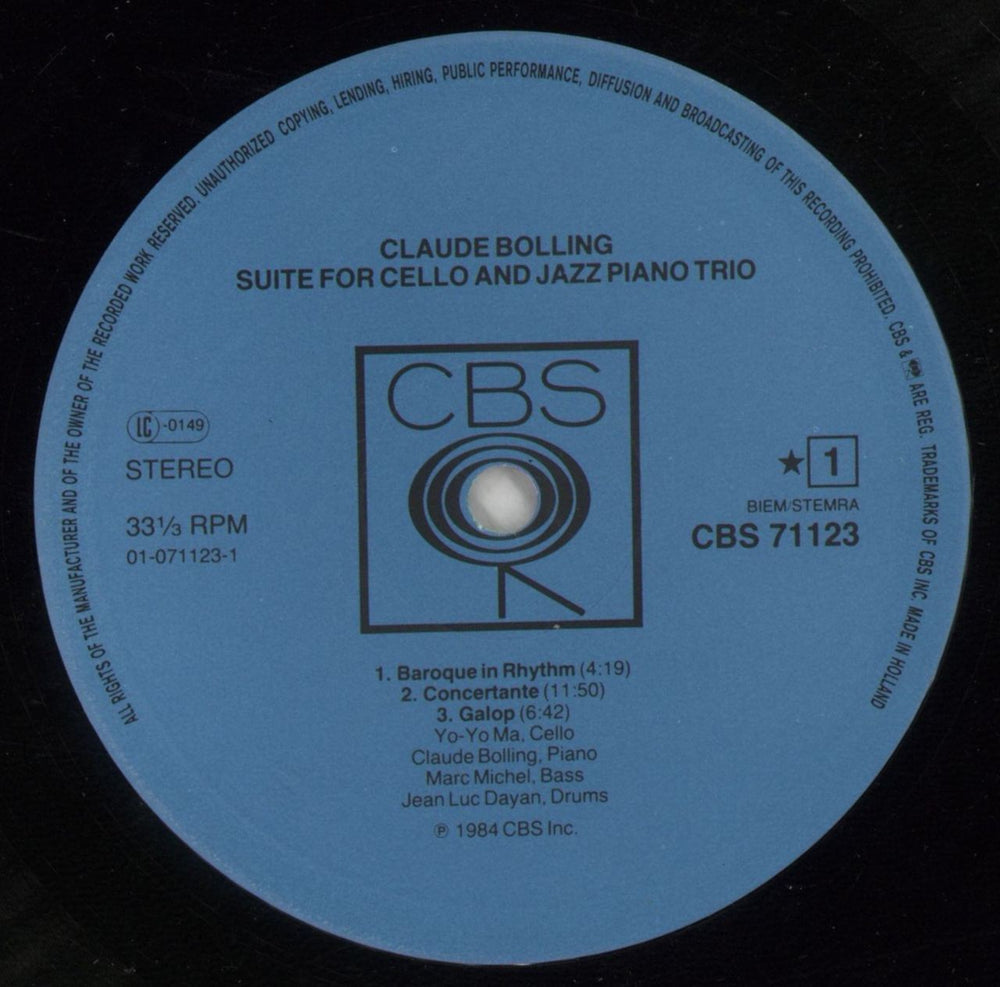 Claude Bolling Suite For Cello And Jazz Piano Trio Dutch vinyl LP album (LP record) 7CBLPSU871052