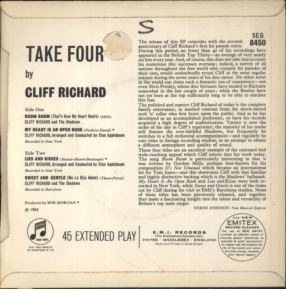 Cliff Richard Take Four EP UK 7" vinyl single (7 inch record / 45)