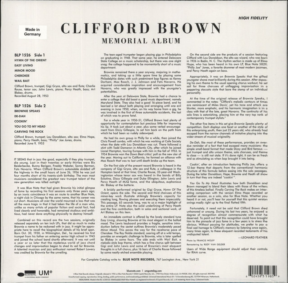 Clifford Brown Memorial Album - Sealed - 180g UK vinyl LP album (LP record) 602458319859