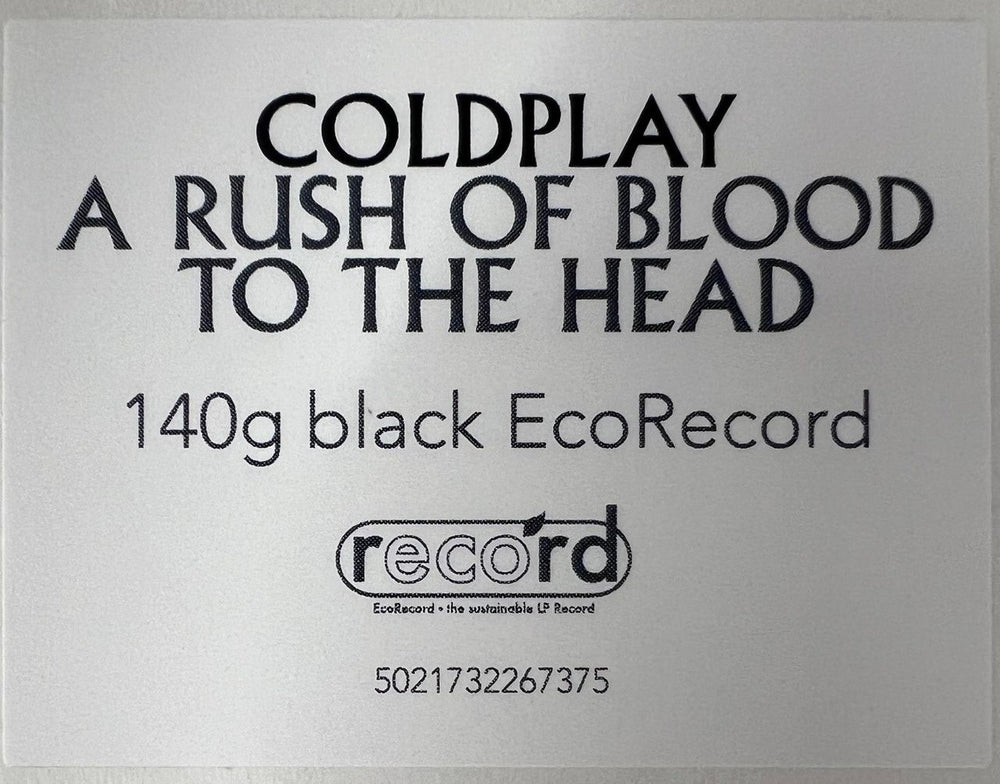 Coldplay A Rush Of Blood To The Head - 140 Gram Black Eco-Record - Sealed UK vinyl LP album (LP record) DPYLPAR850909