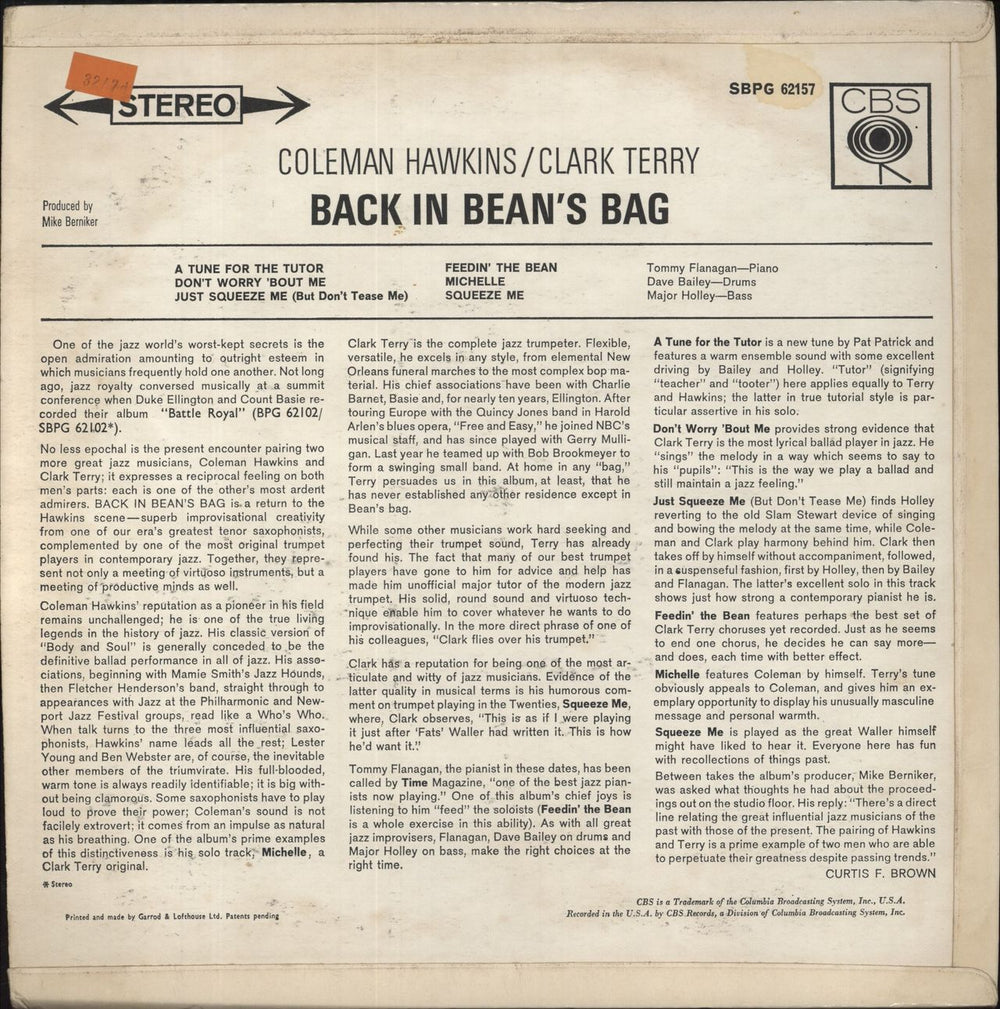 Coleman Hawkins Back In Bean's Bag UK vinyl LP album (LP record)