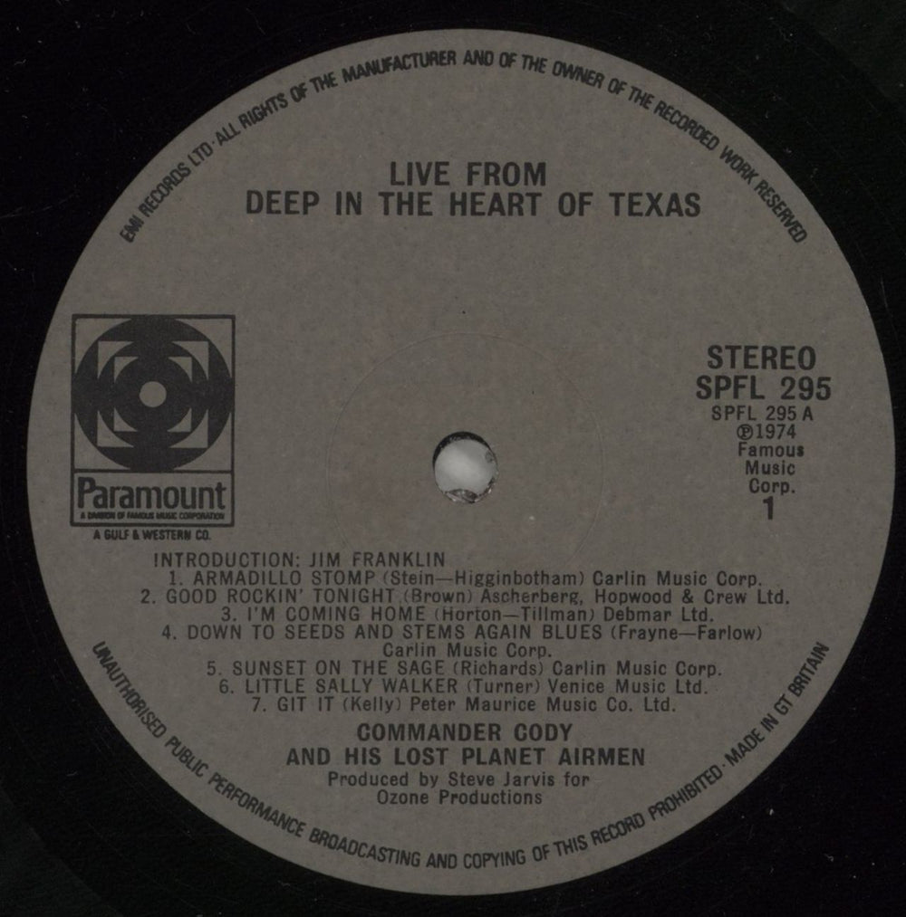 Commander Cody & The Lost Planet Airmen Live From Deep In The Heart Of Texas UK vinyl LP album (LP record) CCYLPLI457337