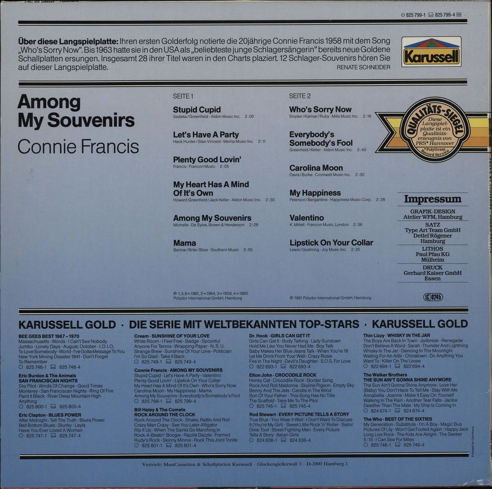 Connie Francis Among My Souvenirs German vinyl LP album (LP record)