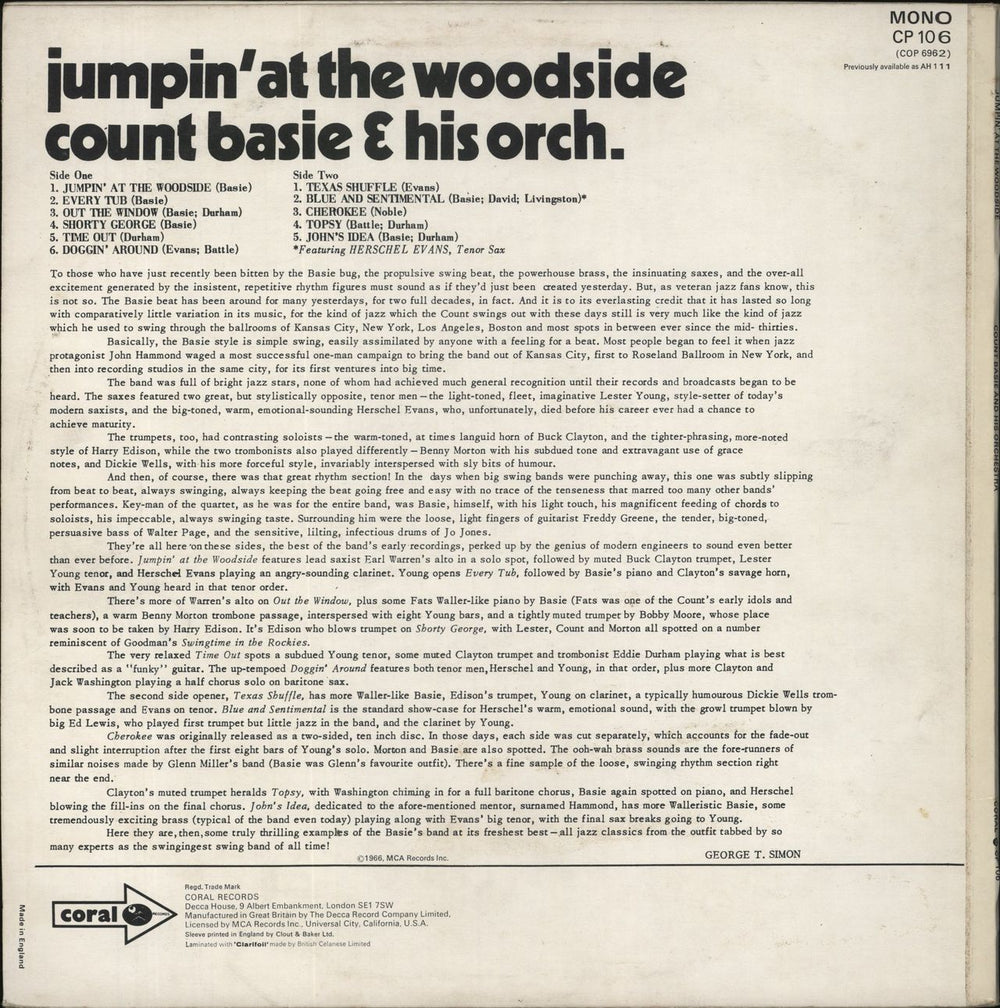 Count Basie Jumpin' At The Woodside UK vinyl LP album (LP record)