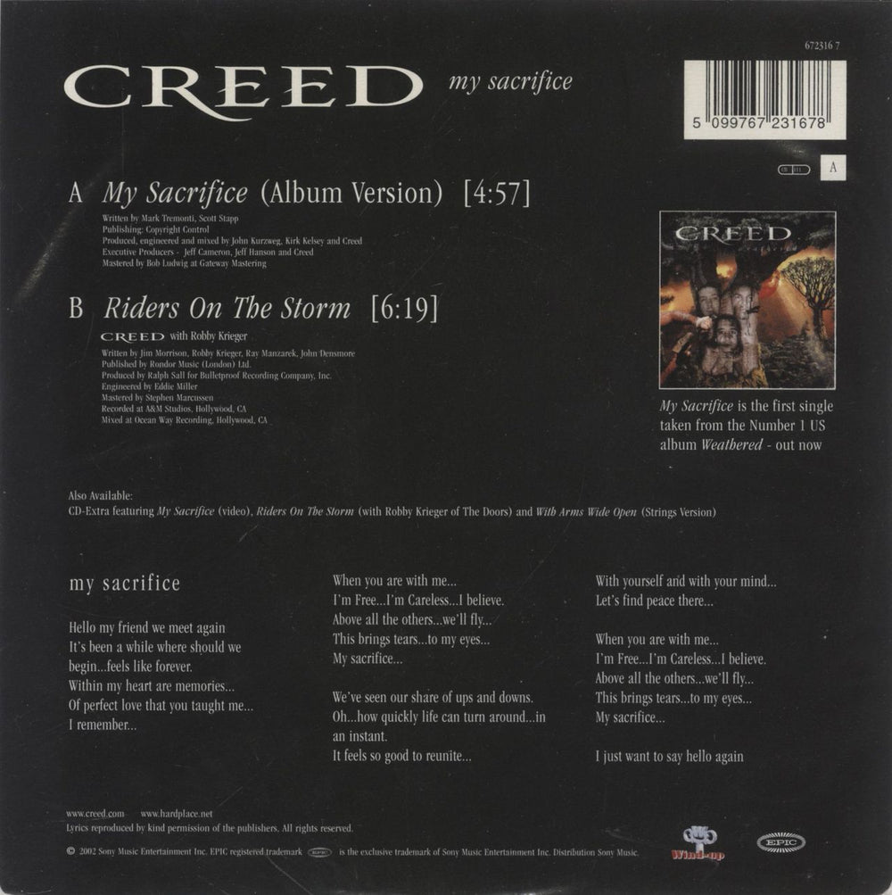 Creed My Sacrifice - Yellow Vinyl UK 7" vinyl single (7 inch record / 45) 5099767231678