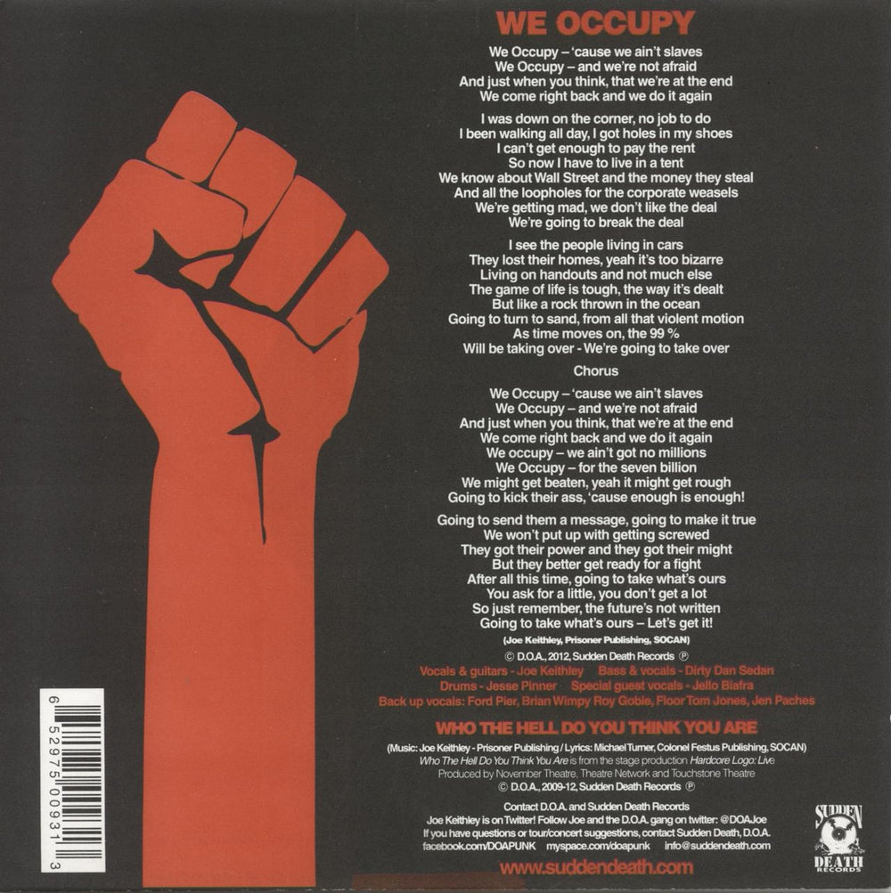 D.O.A. We Occupy US 7" vinyl single (7 inch record / 45) 652975009313
