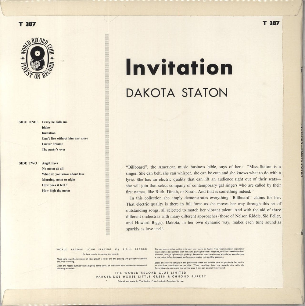 Dakota Staton Invitation UK vinyl LP album (LP record)