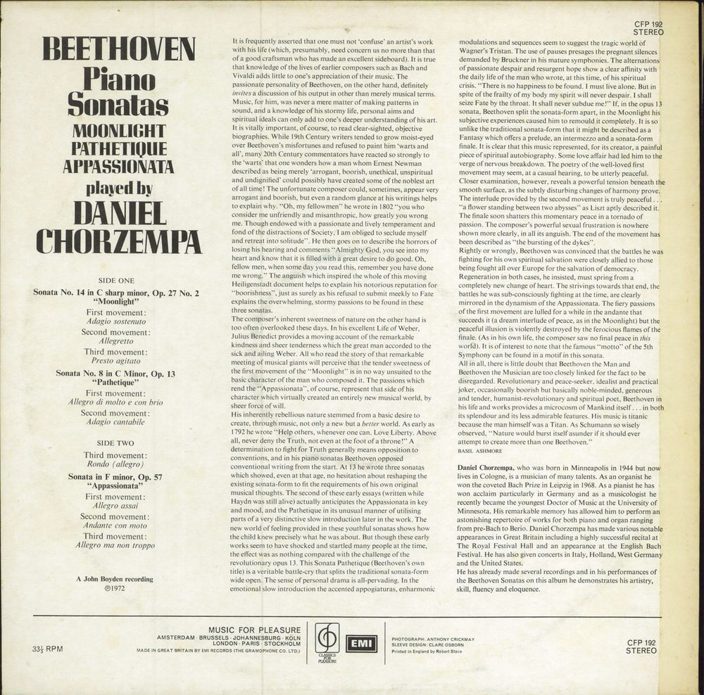 Daniel Chorzempa Beethoven Piano Sonatas UK vinyl LP album (LP record)