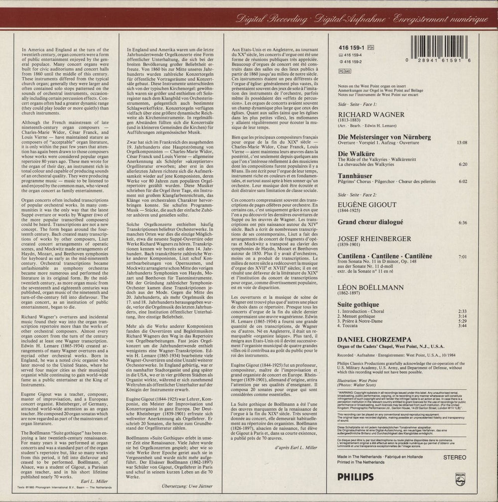 Daniel Chorzempa Wagner, Boellmann, Rheinberger Organ Works Dutch vinyl LP album (LP record) 028941615916