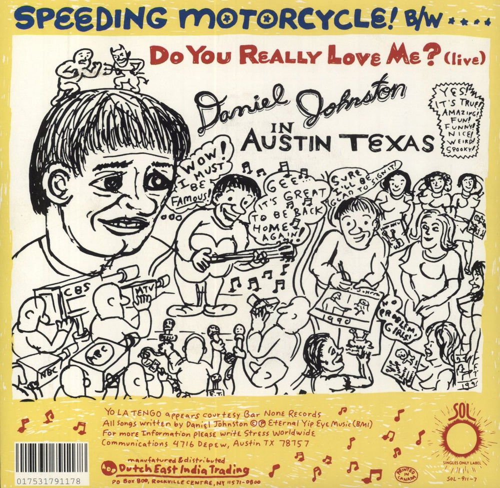 Daniel Johnston Speeding Motorcycle - Yellow Vinyl US 7" vinyl single (7 inch record / 45) 017531791178