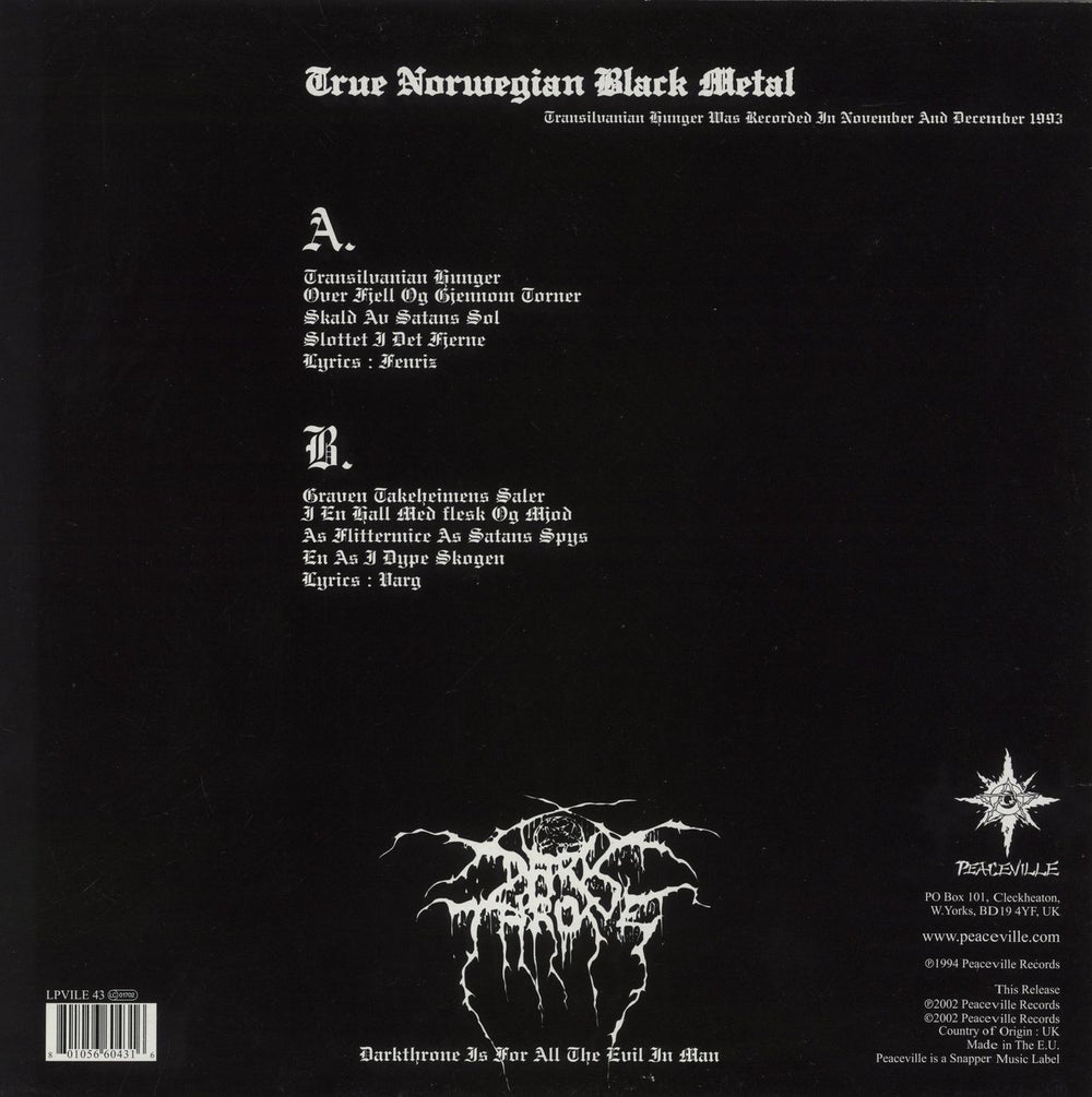 Darkthrone Transilvanian Hunger UK vinyl LP album (LP record) 801056604316