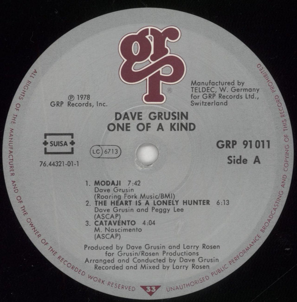 Dave Grusin One Of A Kind Swiss vinyl LP album (LP record) DGULPON848698