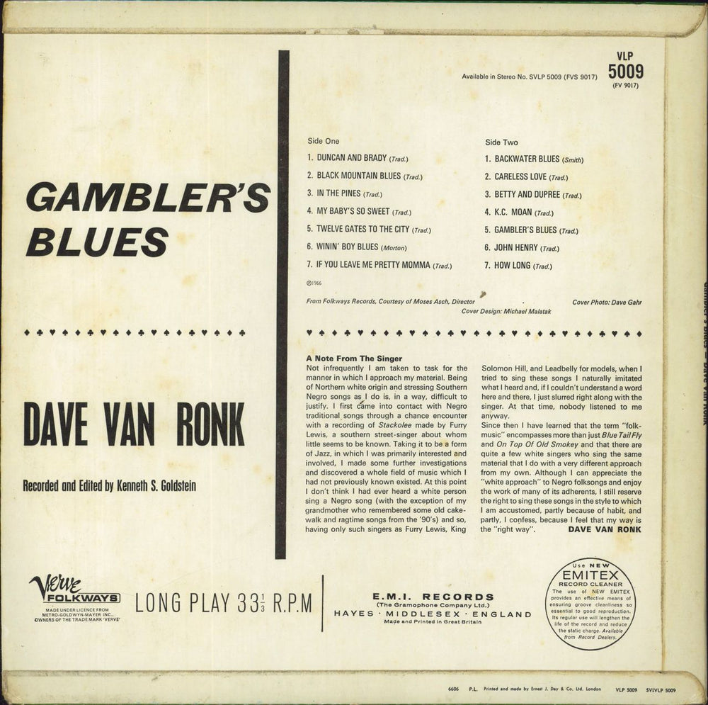 Dave Van Ronk Gambler's Blues UK vinyl LP album (LP record)