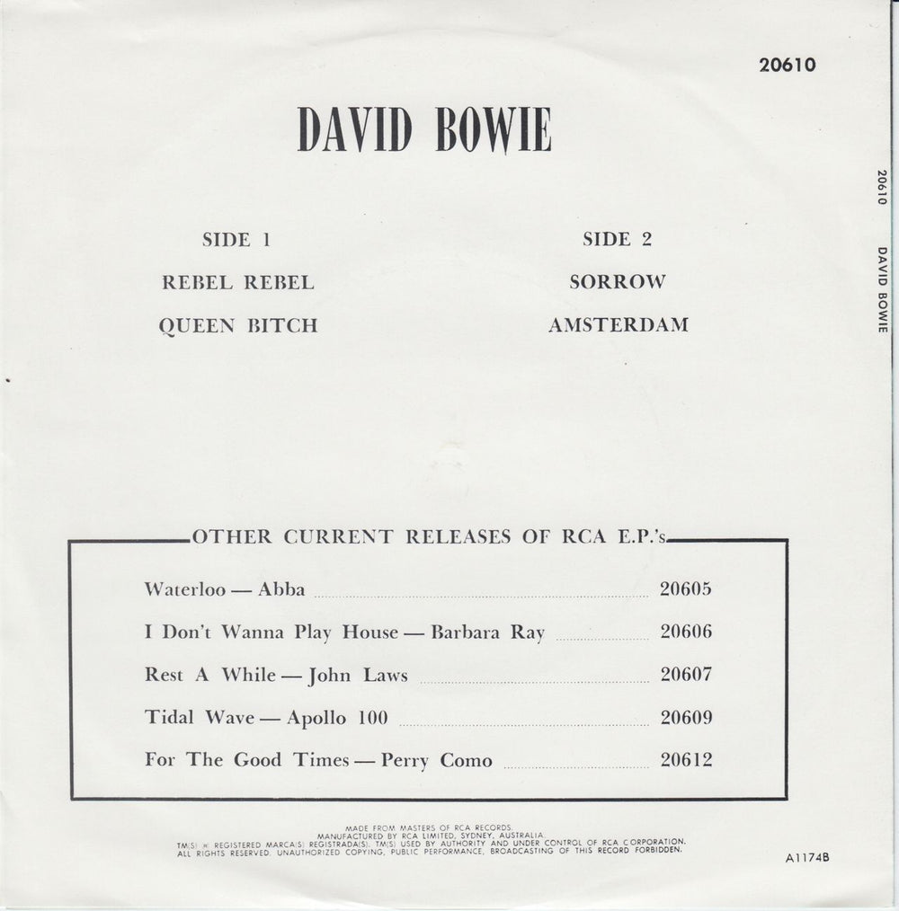 David Bowie Rebel Rebel EP - Side Wraparound Australian 7" vinyl single (7 inch record / 45)