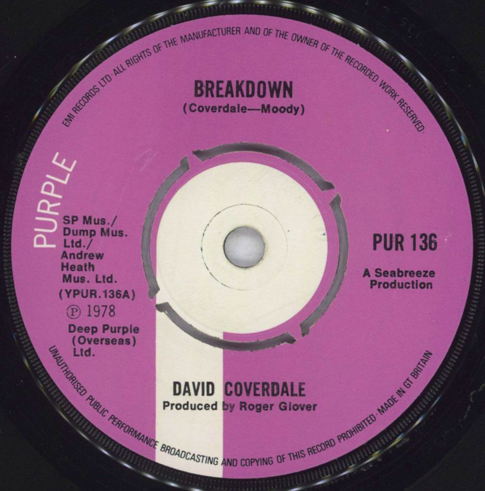 David Coverdale Breakdown UK 7" vinyl single (7 inch record / 45) PUR136