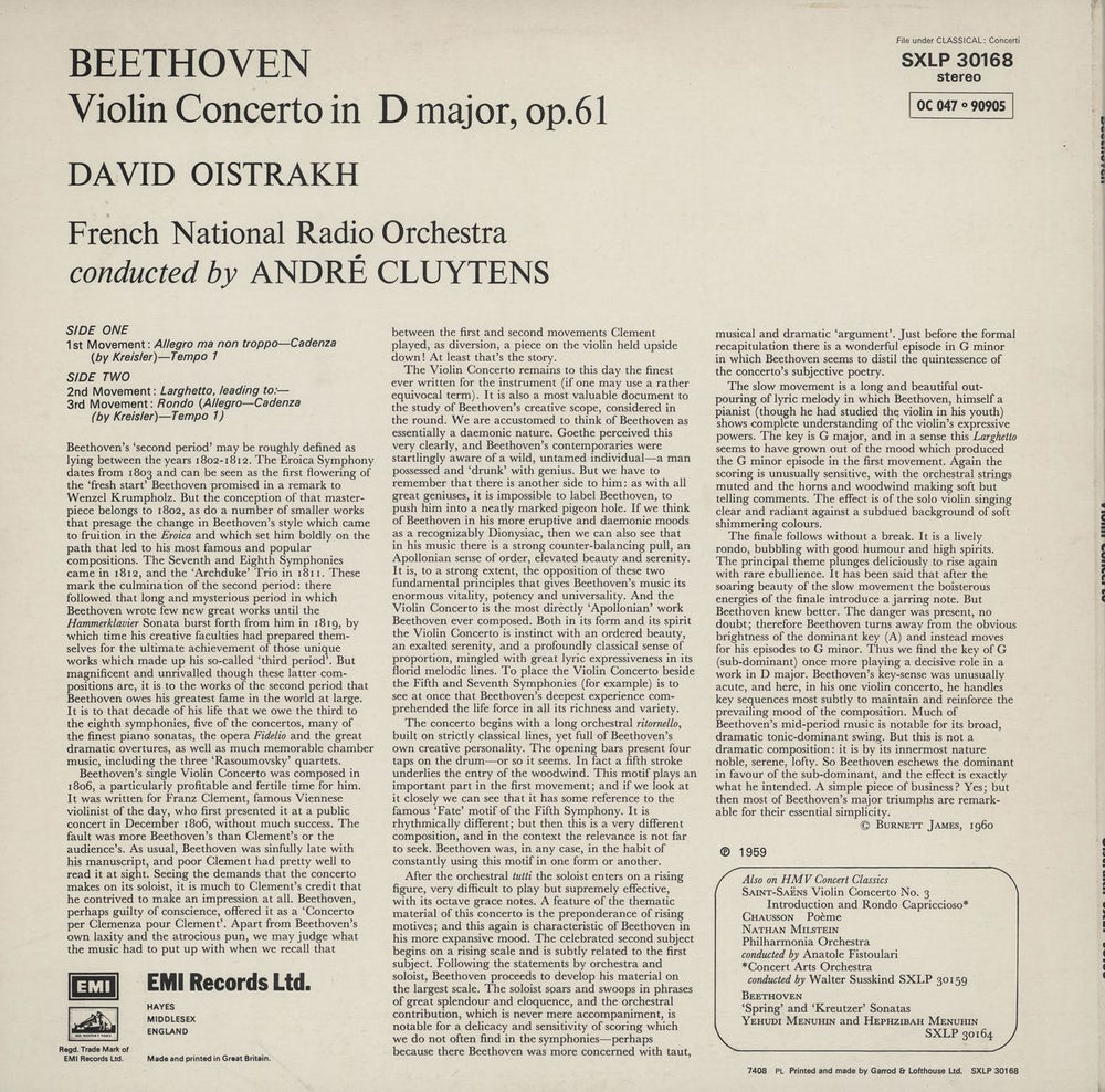 David Oïstrakh Beethoven: Violin Concerto in D Major, Op.61 UK vinyl LP album (LP record)