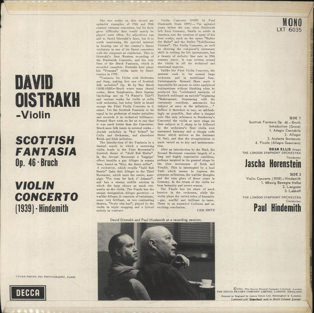 David Oïstrakh Bruch: Scottish Fantasia / Hindemith: Violin Concerto UK vinyl LP album (LP record)