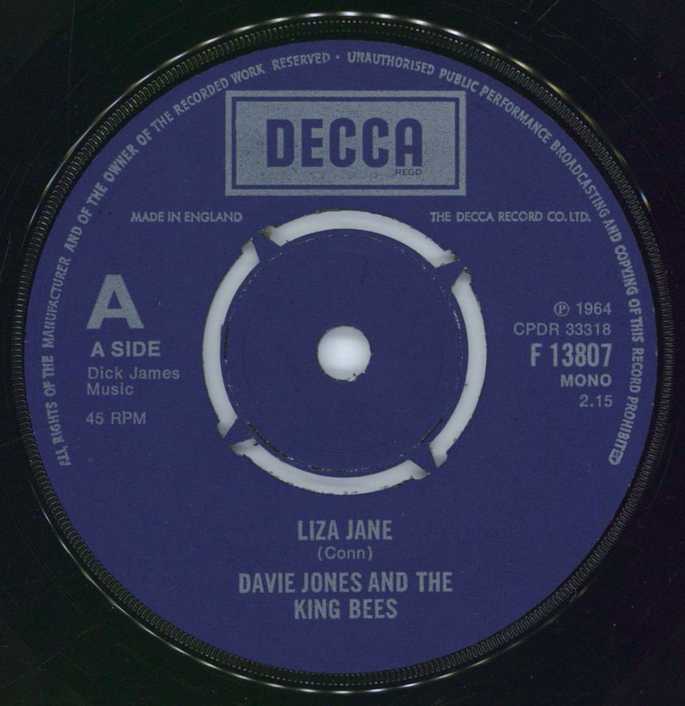 Davie Jones & The Kingbees Liza Jane UK 7" vinyl single (7 inch record / 45) DJK07LI403018