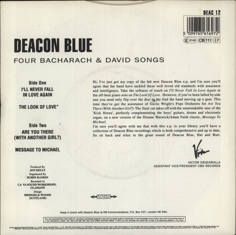 Deacon Blue Four Bacharach & David Songs UK 7" vinyl single (7 inch record / 45) 5099765616972