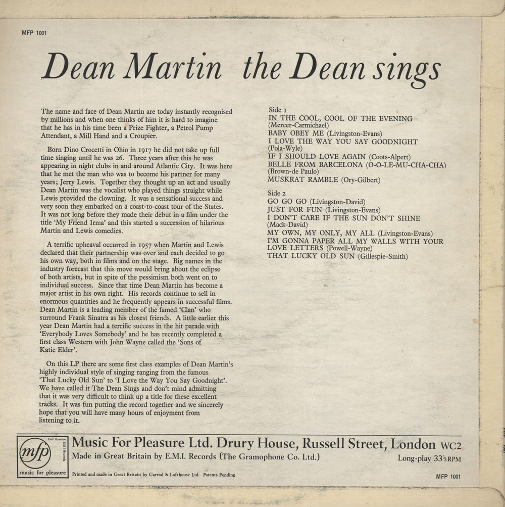 Dean Martin The Dean Sings UK vinyl LP album (LP record)