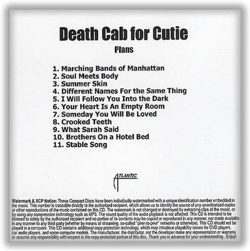 Death Cab For Cutie Plans US Promo CD-R acetate CD-R ACETATE