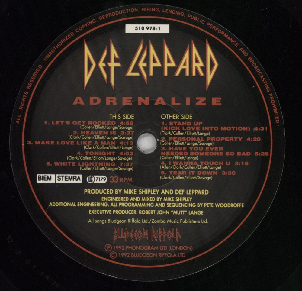 Def Leppard Adrenalize - Hype Sticker - VG UK vinyl LP album (LP record) DEFLPAD827021